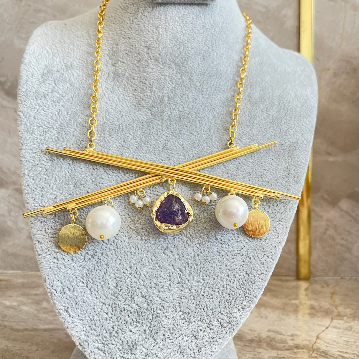 Geometric Statement Necklace with Pearl & Purple Stone