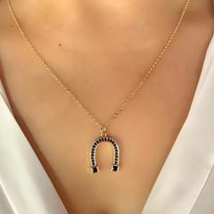 Deep Blue Horse Shoe Good Luck Charm Pendant Necklace