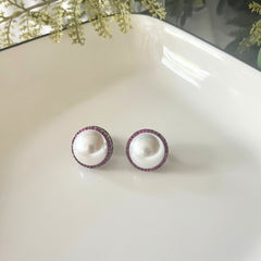 Pearl Studs with Ruby Pink Zirconia Detailing