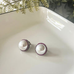 Pearl Studs with Ruby Pink Zirconia Detailing