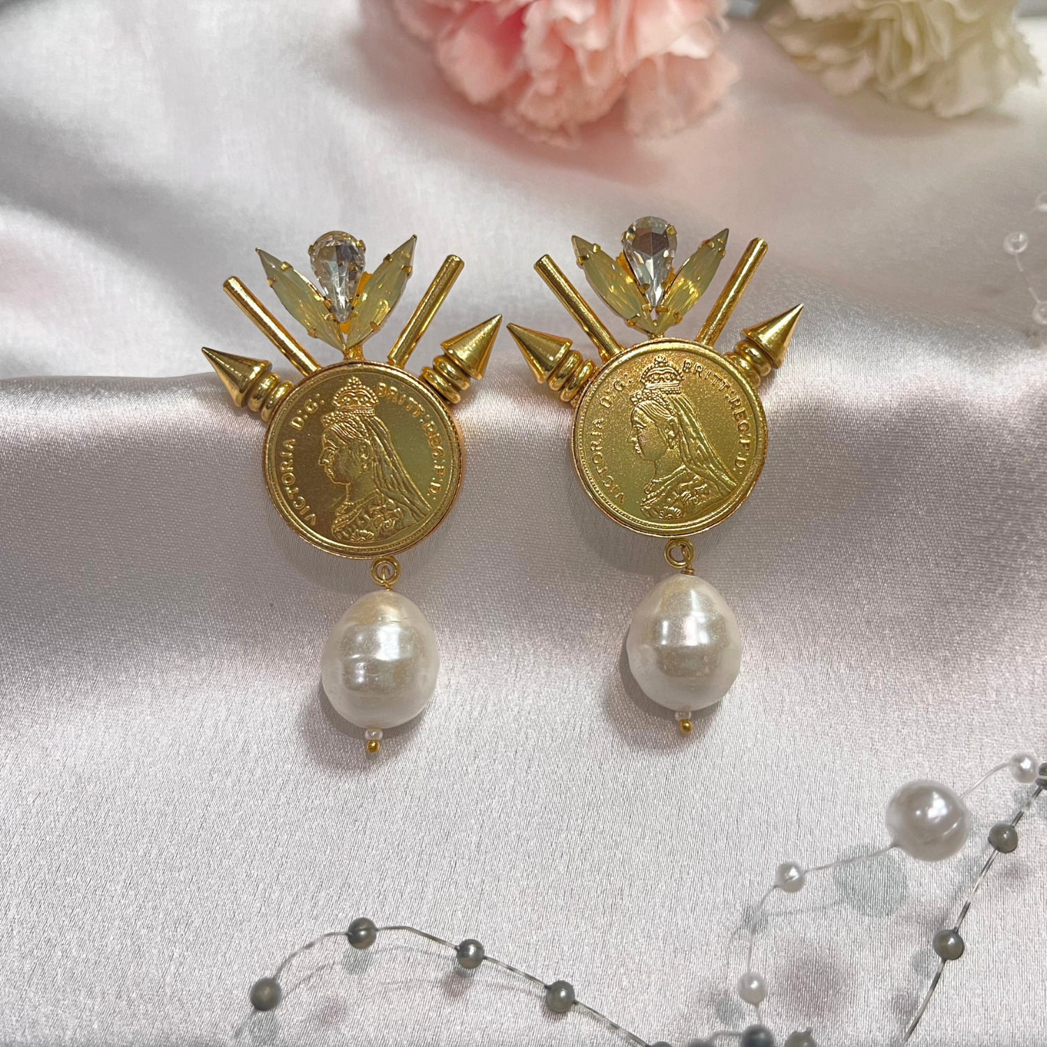 Royal Gold Coin Earrings with Pearl Drop